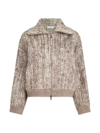 Brunello Cucinelli Dazzling Tree Bark Embroidery Cardigan In Mohair And Wool In Multi