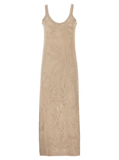 Brunello Cucinelli Women Dazzling Water Lilies Dress In Linen And Cotton Knit In Brown