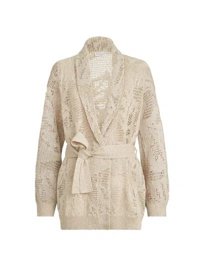 Brunello Cucinelli Women's Dazzling Water Lillies Belted Cardigan In Linen And Cotton In Sand