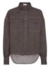 Brunello Cucinelli Brown Shirt With Classic Collar And Monil Detail On The Pocket In Cotton Blend Woman In Gray