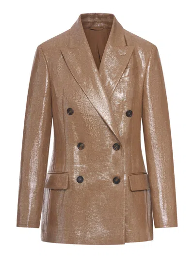Brunello Cucinelli Women Double-breasted Blazer In Laminated Fabric With A Shiny Effect In Multi