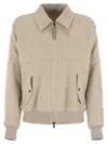 Brunello Cucinelli Women Double Cashmere And Wool Cloth Bomber Jacket With Shiny Zipper Pull In White