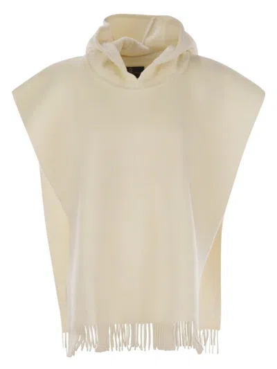 BRUNELLO CUCINELLI WOMEN'S DOUBLE KNIT WOOL AND CASHMERE PONCHO WITH HOOD AND FRINGES