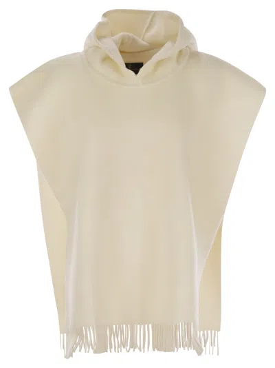 Brunello Cucinelli Women's Double Knit Wool And Cashmere Poncho With Hood And Fringes In Beige