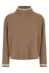 Brunello Cucinelli Ribbed Mock Neck Sweater With Contrast Trim In Brown