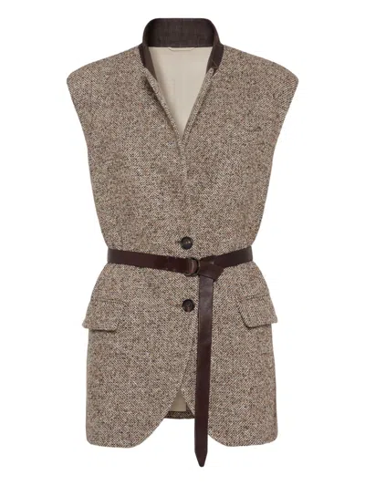 Brunello Cucinelli Women Dr Chevron Bottonato Giacca Pelle In Brown