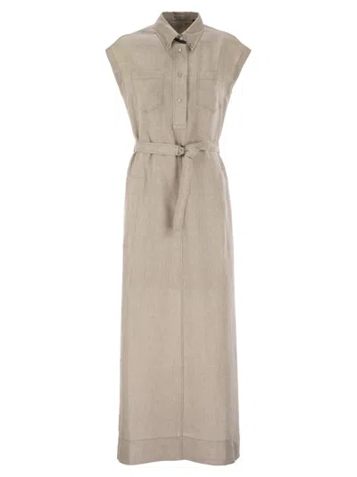 Brunello Cucinelli Women Dress In Linen With Shiny Collar In Animal Print