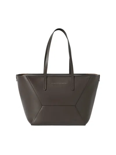 Brunello Cucinelli Women's Duo Small Bag Totes In Calfskin With Monili In Brown