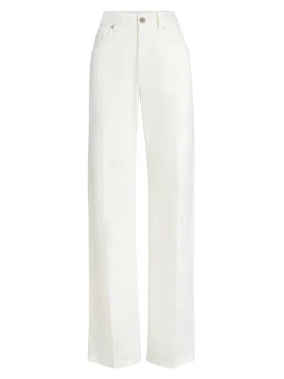 Brunello Cucinelli Dyed Cotton And Wool Wrinkled Denim Five-pocket Baggy Trousers With Monili In White