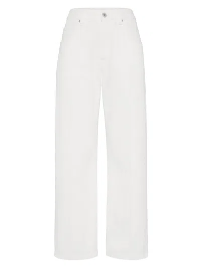 Brunello Cucinelli Women's Dyed Denim Contemporary Square Trousers With Monili In White