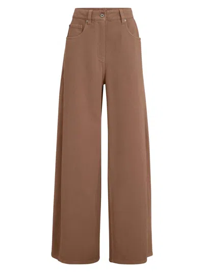 Brunello Cucinelli Dyed Denim Wide Trousers With Monili In Brown