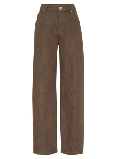 Brunello Cucinelli Women's Dyed Sparkling Denim Loose Straight Trousers In Brown