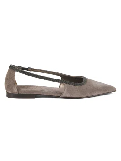Brunello Cucinelli Women's Embellished Suede Flat Pumps In Gray