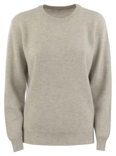 Brunello Cucinelli Women English Rib Cashmere Sweater With Monile In Fog