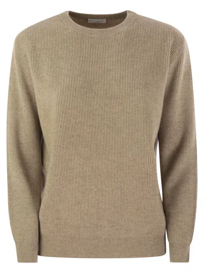 Brunello Cucinelli Women English Rib Cashmere Sweater With Monile In White