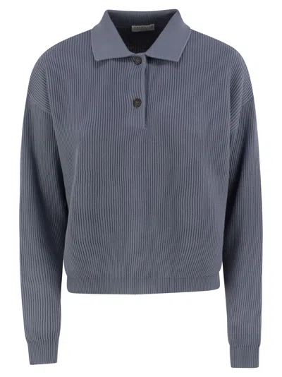 Brunello Cucinelli Women English Rib Cotton Polo-style Jersey With Jewellery In Blue
