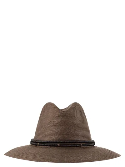 BRUNELLO CUCINELLI BRUNELLO CUCINELLI WOMEN FEDORA MADE OF HEMP AND TECHNO COTTON WITH LEATHER BAND AND NECKLACE