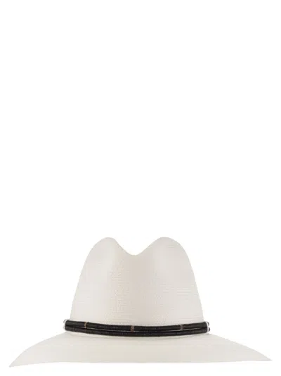 Brunello Cucinelli Women Fedora Made Of Hemp And Techno Cotton With Leather Band And Necklace