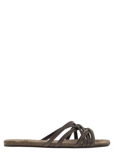 Brunello Cucinelli Women Flat Leather Sandals With Criss-cross Straps In Gray