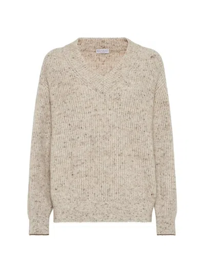 Brunello Cucinelli Women's Flecked Wool, Mohair And Linen English Rib Sweater In Beige