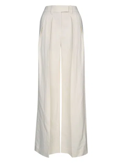 BRUNELLO CUCINELLI WOMEN'S FLUID LINEN TWILL DOUBLE PLEAT WIDE LEG TROUSER