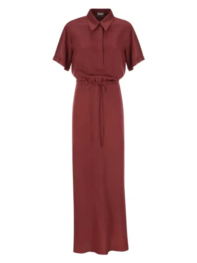 BRUNELLO CUCINELLI WOMEN'S FLUID VISCOSE AND LINEN TWILL DRESS WITH NECKLACE