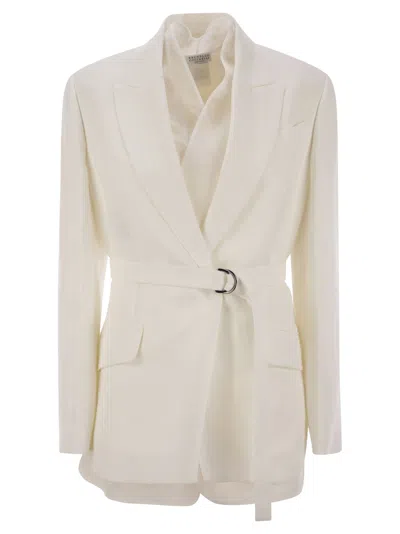 Brunello Cucinelli Women Fluid Viscose And Linen Twill Jacket With Belt And Necklace