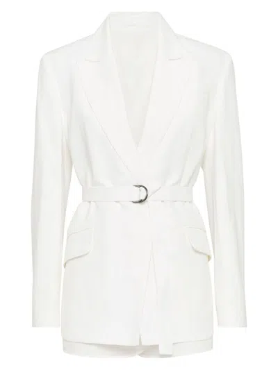 BRUNELLO CUCINELLI WOMEN'S FLUID VISCOSE AND LINEN TWILL JACKET WITH BELT AND NECKLACE