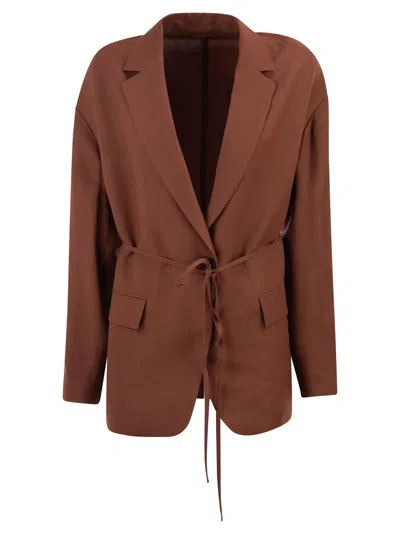 Brunello Cucinelli Women Fluid Viscose And Linen Twill Jacket With Jewellery In Brown