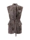 Brunello Cucinelli Leather-trimmed Belted Plush Fabric Gilet In Gray