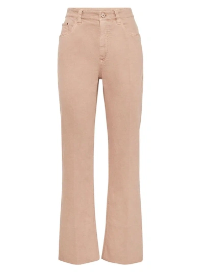 Brunello Cucinelli Women's Garment Dyed Kick Flare Trousers In Comfort Soft Denim With Shiny Tab In Antique Pink