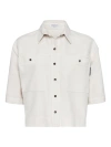Brunello Cucinelli Women's Garment Dyed Shirt In Cotton And Linen Cover With Shiny Tab In Chalk