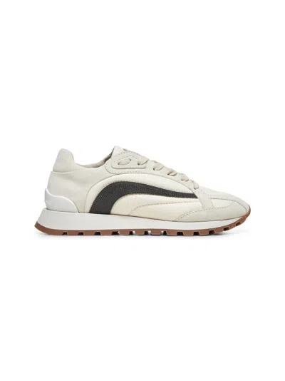 Brunello Cucinelli Women Grey Suede And Twill Precious Stripe Runners