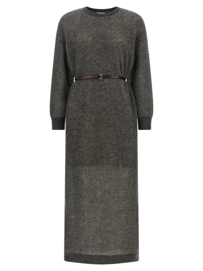 Brunello Cucinelli Women Grey Textured Crew Neck Midi Dress In Gray