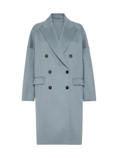 Brunello Cucinelli Women's Hand Crafted Coat In Cashmere Double Beaver Cloth In Azure