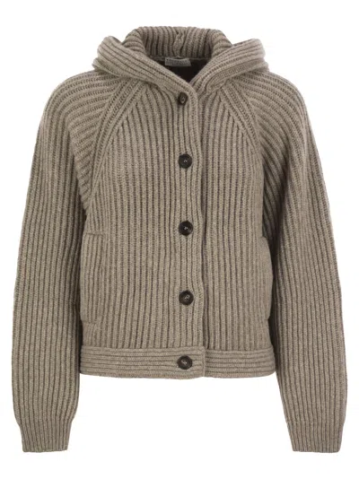Brunello Cucinelli Ribbed Cardigan Hooded Front Pockets In Gray