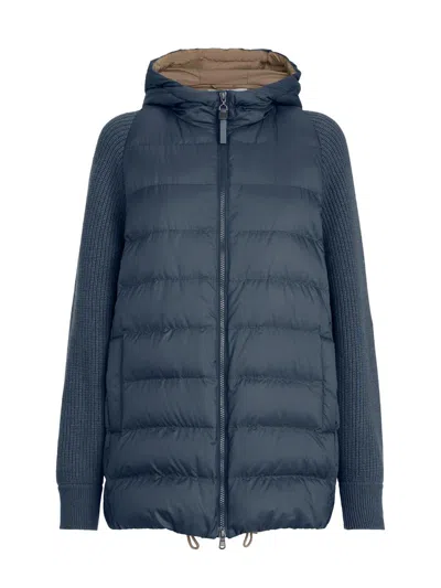 Brunello Cucinelli Nylon Hooded Long Quilted Down Jacket In Blue