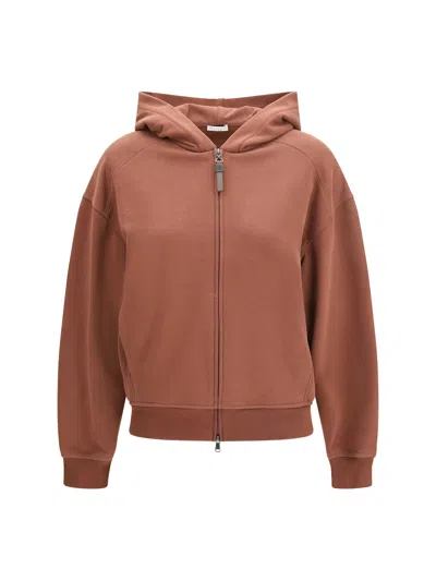 Brunello Cucinelli Women Hooded Smooth Cotton Sweatshirt With Shiny Zipper Pull In Brown