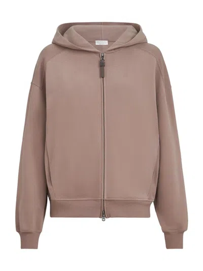 Brunello Cucinelli Women's Hooded Sweatshirt With Shiny Zipper Pull In Brown