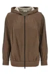 Brunello Cucinelli Brown Sweatshirt With Fixed Hood And Monil Detail On The Sleeve In Cotton Blend W In Brown