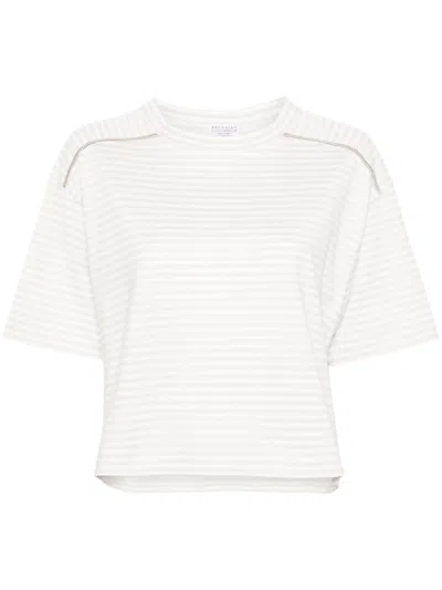 Brunello Cucinelli Grey Cotton T-shirt With Horizontal Stripe Pattern For Women In White