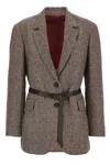 Brunello Cucinelli Deconstructed Houndstooth Blazer With Leather Belt In Brown