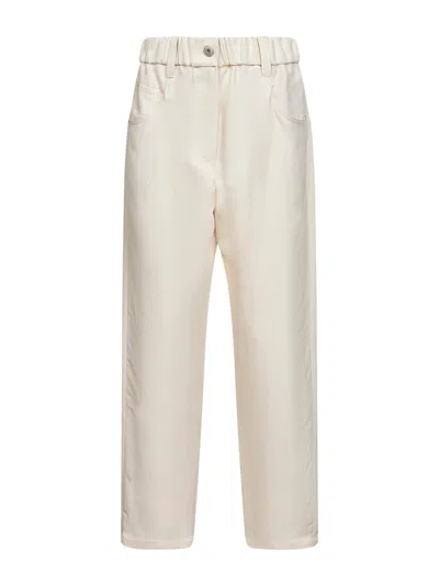Brunello Cucinelli Women Ivory Fluid Twill Baggy Trousers With Monili In Multi