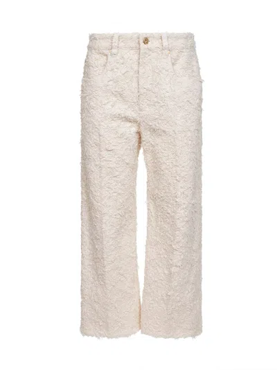 Brunello Cucinelli Women Ivory Fuzzy Denim Contemporary Square Trousers With Monili In White