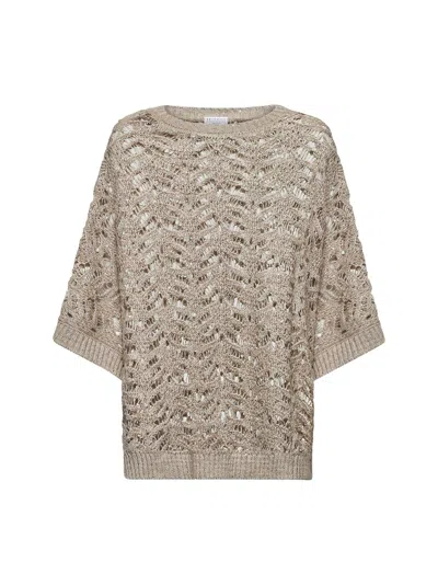 Brunello Cucinelli Women Ivory Knit Dazzling Cape