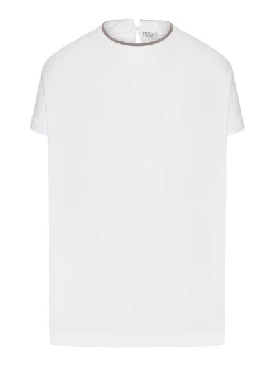Brunello Cucinelli Stretch Cotton Jersey T-shirt With Precious Faux Layering In White
