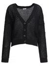 Brunello Cucinelli Open-weave Black Knitwear Cardigan With V-neckline In Black