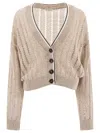 Brunello Cucinelli Cropped Metallic Knitwear V Neck In Beige