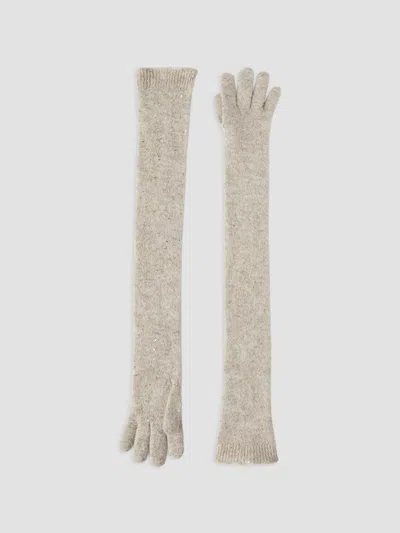 Brunello Cucinelli Women's Lace Flowers Knit Long Gloves In Sparkling Mohair And Virgin Wool In Buff