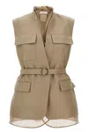 Brunello Cucinelli Belted Bead-embellished Organza-trimmed Cotton And Linen-blend Twill Vest In Cream